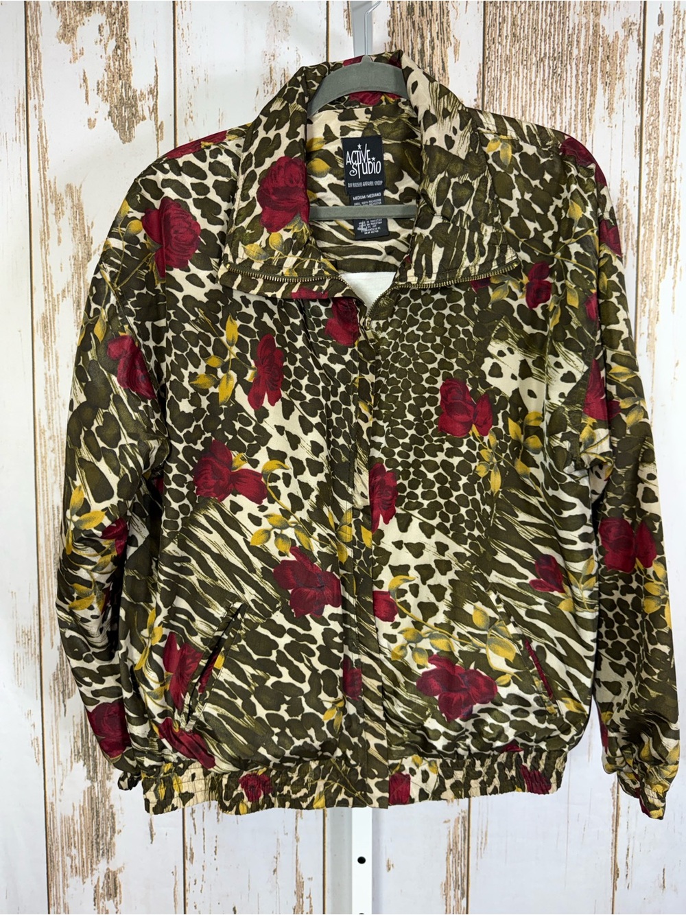 Active Studio, Leopard and Roses Print Lightweight Windbreaker Jacket. Size Med.